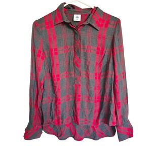 Cabi Plaid Button Down Top Long Sleeve Career Casual Red Gray XS‎